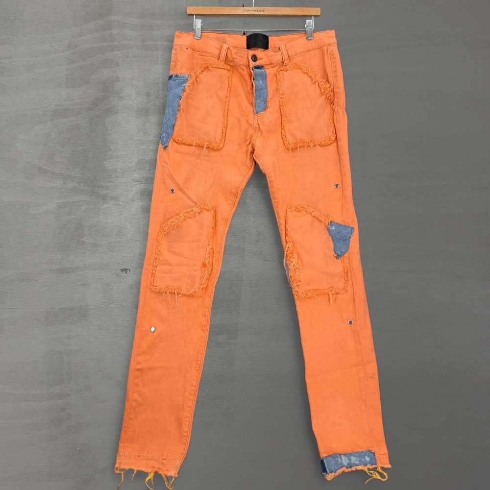 Valabasas Stacked Jeans Orange Distressed Frayed Patch Denim 36